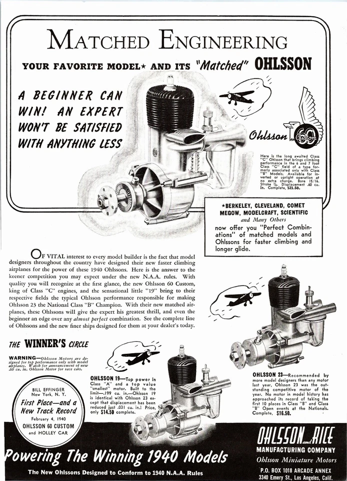 Ohlsson 60 Custom RC Engine 1940 Print Ad Wall Art Ephemera Winners Circle - Image 1 of 1