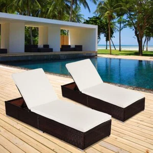 Set of 2 Wicker Chaise Lounge Chair Rattan Pool Patio Lounger Sunbed Brown - Picture 1 of 10