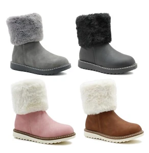 Girls Kids Winter Ankle Boots Mid Calf Zip Up Warm Casual Youth Snow Boots - Picture 1 of 20