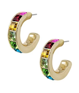 Multi Color Crystal Stud Loop Earrings Gold - Picture 1 of 6