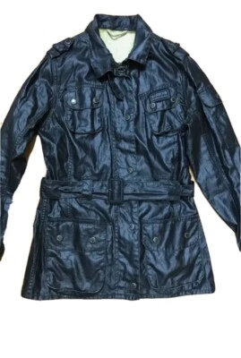 BARBOUR Beacon UK 12 Black Rustic Duralinen Waterproof Jacket Belted Lagen Biker - Image 1 of 4
