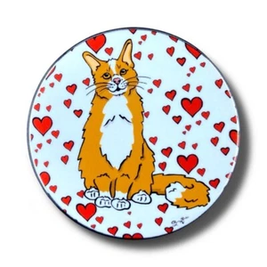 Orange Maine Coon Cat Valentines Day Pinback Button Handmade Art Gift 2.25" - Picture 1 of 3