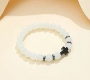 Bracelet - Rosary Hematite Cross Natural Stone Wood Beads - White - Picture 1 of 2