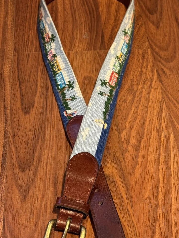 Smathers & Branson Island Time needlepoint belt w/leather backing & brass buckle - Image 1 of 4