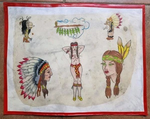 original vintage antique unk texas indian native chief tattoo flash 11x14 +lam - Picture 1 of 3