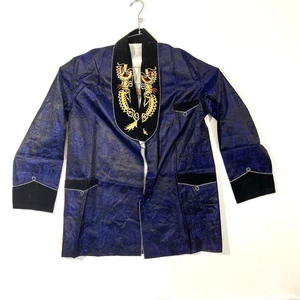 Vintage japanischer Räuchermantel Seide Kimono Drachen Ethno Kleidung groß blau - Bild 1 von 11