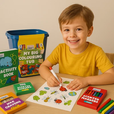 My Big Colouring Tub Kids Giant Storage Box Filled With Crayons Pens Markers etc - Image 1 of 4