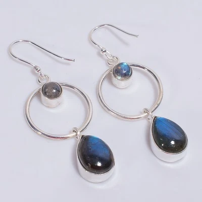 Pendientes étnicos de plata de ley 925 con piedras preciosas de labradorita 2,2" KE-501 y156 Foto 1 de 4
