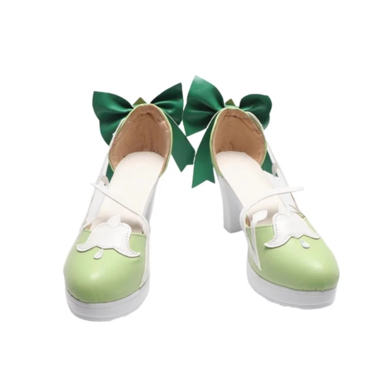  Genshin Impact Cosplay Emilie High Heels w/Green Bow Tie Halloween Prop Shoes - Image 1 of 4