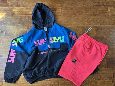 VTG Surf Style Windbreaker OS Jacket Black Interplanetary Body Gear Med Pant - Image 1 of 4