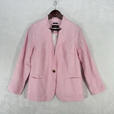 Talbots 夹克女式 8 粉色条纹亚麻混纺阿伯丁西装外套 Academia Preppy — 第 1/4 张图片