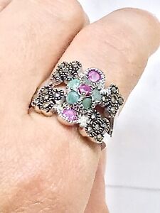genuine emerald / ruby/ Marcasite with Ster silver rhodium plated ring size 8,9