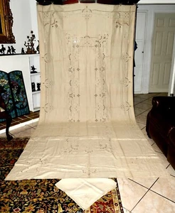 1900s Italian Reticella Puchetta Linen Ecru Banquette Tablecloth+12 Napkins Set - Picture 1 of 24