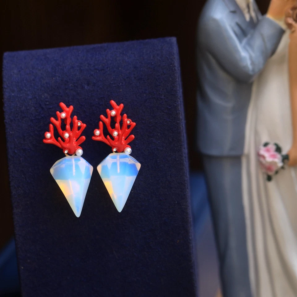 Ohrringe Clip Auf Koralle Emaille Rot Konische Stein Mond Syn. DZ1 - Bild 1 von 4