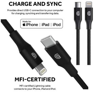 Cable de carga/sincronización Griffin 5 pies MFi premium USB-C a Lightning - negro Foto 1 de 4