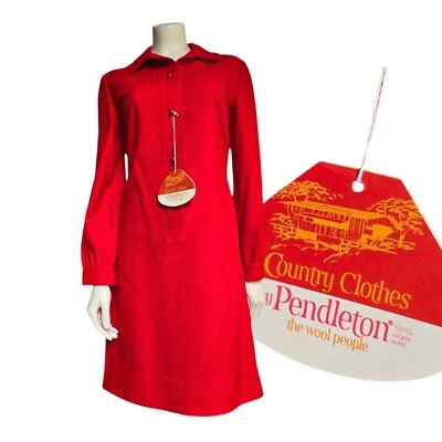Mini vestido corto de lana rojo Pendleton vintage años 60 70 mod nuevo con etiquetas talla 10 Foto 1 de 4