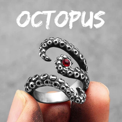 Octopus Tentacles Animal Ruby Men Rings Stainless Steel Gemstone Jewelry Vintage - Image 1 of 4