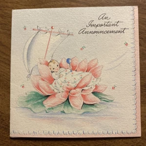 Vintage 1940er Neu Baby Neugeborenes Ankündigung Grußkarte rosa Blume P4d - Bild 1 von 11