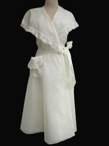 VTG 40s..LYNN DELLE..SHEER..BEIGE..TEXTURED..WRAP A ROUND DRESS..LACE sz MED - Picture 1 of 7
