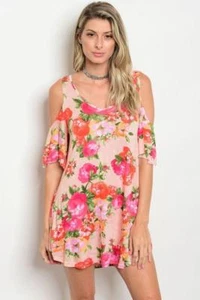 Cold Shoulder Tunika Kleid Pfirsich Rosa Blumenmuster - Bild 1 von 2