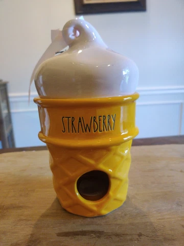 Rae Dunn "STRAWBERRY" Ice Cream Cone Ceramic Birdhouse by Magenta 9" tall x 5" Cover