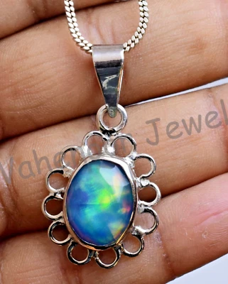 925 Pendente Argento Sterling 18.30 KT Aurora Fuoco Opale Checker Ovale - Immagine 1 di 4