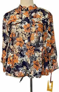 Ruby Rd Navy Orange Burn Out Jacket Size 18 Pockets Roll Tab Sleeve NWT $49 - Picture 1 of 8