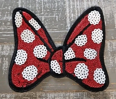 MINNIE MOUSE RED BOW w/ WHITE POLKA DOTS PATCH (5" W) Large Sequins Disney NEW - Image 1 of 2