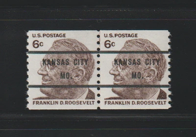 US PRECANCEL Stamps #1305b Roosevelt: Kansas City MO JOINT LINE pair!  MNH $675. - Image 1 of 2