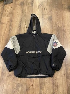 Vintage 90s Mens L Starter White Sox Half Zip Up Pullover Puffer Jacket Hooded - Picture 1 of 9