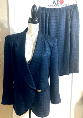 SAVILLE 2 piezas Traje Falda Blazer Chaqueta Cuello en V Forrado Azul Jacquard Carrera Años 90 14 Foto 1 de 4