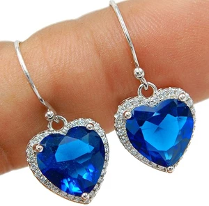 Heart 6CT Treated Blue Sapphire & Topaz 925 Solid Sterling Silver Earrings QB3-6 - Picture 1 of 1