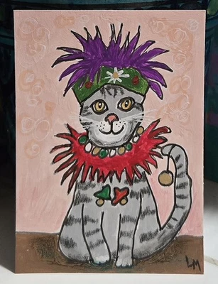 ACEO оригинальная художественная картина серый кот в праздничные украшения для рождественской вечеринки  - Изображение 1 из 4