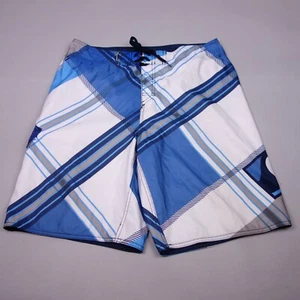QuikSilver Swim Trunks Board Shorts Mens 34 Embroidered Blue Plaid Drawstring - Picture 1 of 10
