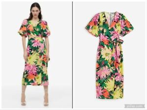 H&M Women's Puff-sleeved Wrap Dress Multi Color Floral Long Midi Short Sleeve XS