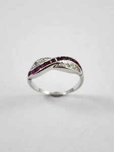 18CT. WHITE GOLD RING SET WITH 8 SMALL DIAMONDS AND SYNTHETIC RUBIES - Picture 1 of 5