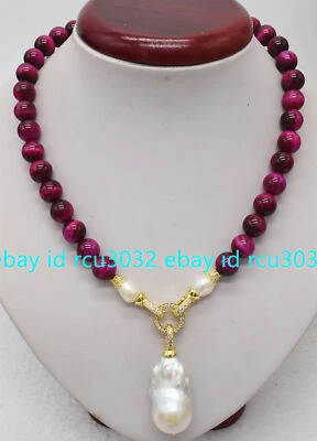 天然多色老虎眼圆形宝石白色巴洛克珍珠吊坠项链 — 第 1/4 张图片