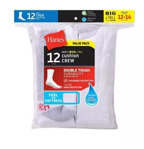 Hanes Men's 12 Pair BIG & TALL Crew Socks - White - Fits shoe size 12-14 - Picture 1 of 4