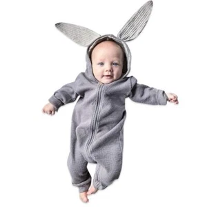 Animal Bunny Baby Easter Clothes Long Ear Rabbit Hoodie Romper with Zipper - Picture 1 of 7