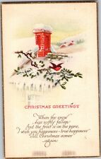 1924 Christmas Post Card Vintage Bird Chimney Snow Tree Branch a11
