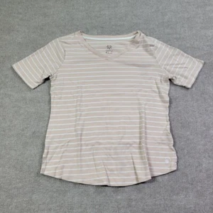 Isaac Mizrahi Live T-Shirt Women's Medium Beige Striped Short Sleeve Preppy - Picture 1 of 8