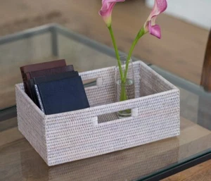 Hand Woven Rattan Rectangular Shelf Basket with Side Handles - Picture 1 of 5