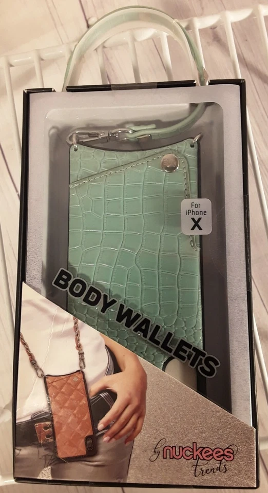 Nuckees Crossbody Body Wallet for iPhone X - Aqua Blue Croc Studded Strap