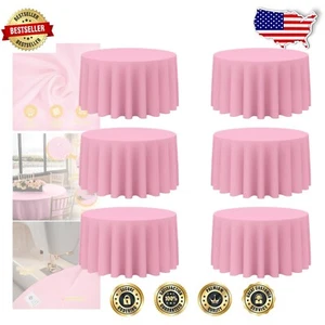6-Piece Washable 120" Round Pink Linen Table Cloths - Perfect for All Occasions - Picture 1 of 9