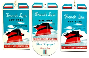3 VINTAGE FRENCH LINE NEW YORK LUGGAGE TAGS FIRST & TOURIST CLASS STATEROOM TAGS - Picture 1 of 4
