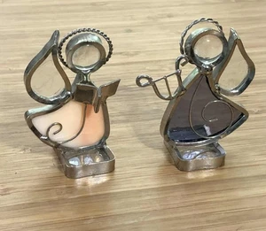 Paar Buntglas Engel blau rosa klar mit Metall - 1 hat Liederbuch - 1 mit Harfe - Bild 1 von 4