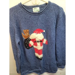 The Quaker Factory Ugly Christmas Sweater Santa Teddy Bear Blue Knit L - Picture 1 of 4