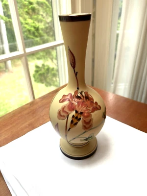 Harrach Bohemian Glass Vase Cream Colored  Hand Painted Floral Antique c. 1900 - Image 1 of 4