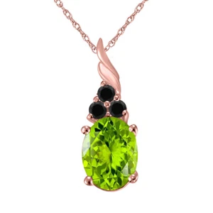 1.36Ct Natural Peridot & Black Diamond Pendant Necklace in 14KGold with BoxChain - Picture 1 of 27