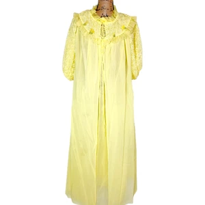 Vintage 60 70er Jahre passendes Bademantel Spitze durchsichtig Chiffon Set Größe Large Medium Gelb - Bild 1 von 16